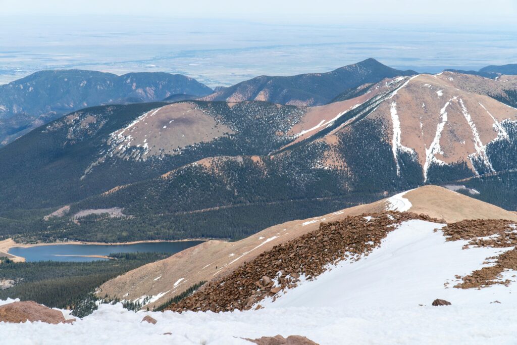 Snow-capped mountains and alpine scenery from Pikes Peak, Colorado.